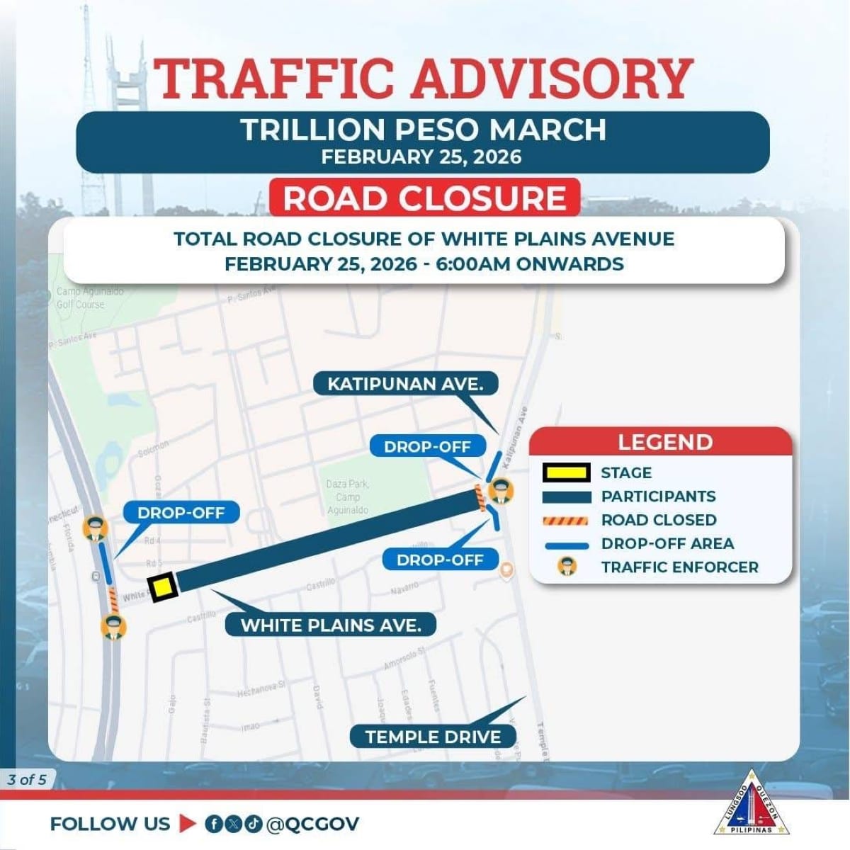 Heads Up, Drivers: QC Will Shut Down Roads Around EDSA Shrine Starting Monday Night for Trillion Peso March