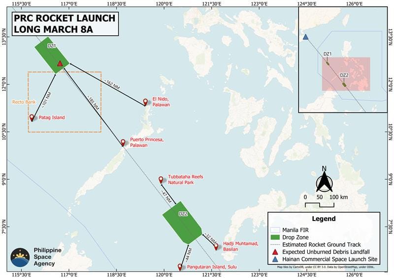Rocket Debris Mula China, Bumagsak Malapit sa Palawan at Sulu Waters — PhilSA Nag-Warning